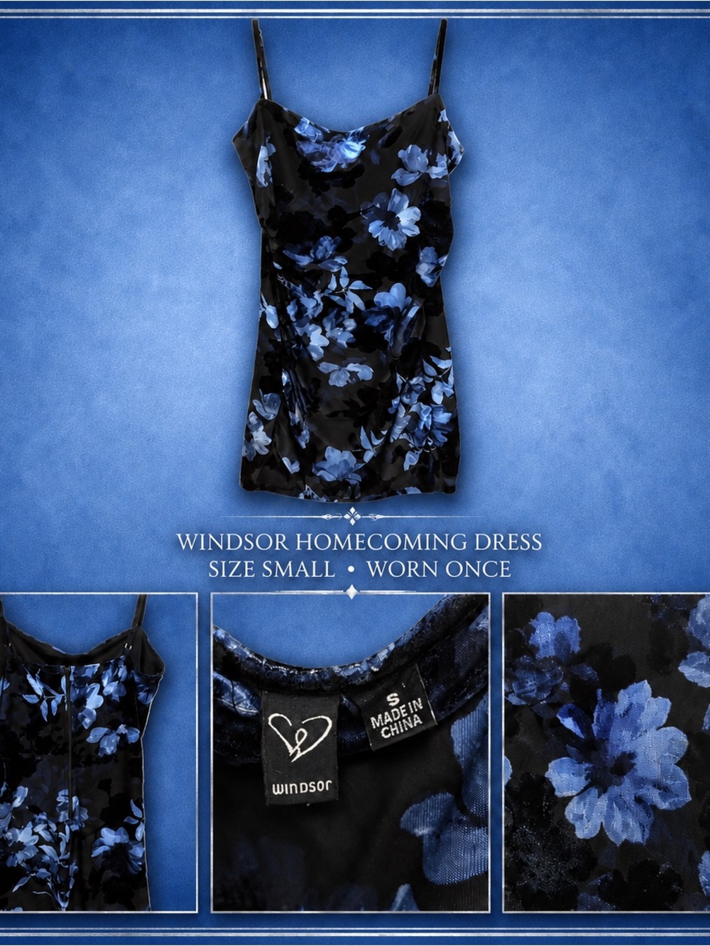 Windsor Black Floral Slip Dress with Blue Blooms